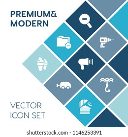 Modern, simple vector icon set on blue colorful background with repair, minimal, equipment, loudspeaker, hand, office, megaphone, storage, ice, chef, information, web, coffee, folder, document icons