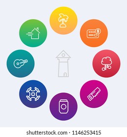 Modern, simple vector icon set on colorful circle backgrounds with aerial, helicopter, credit, can, tower, famous, network, cloud, construction, home, control, communication, leaf, property, saw icons