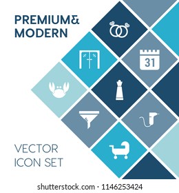 Modern, simple vector icon set on blue colorful background with strategy, piece, modern, seafood, ring, engagement, time, door, clean, chess, romance, love, conditioner, diamond, steel, office icons