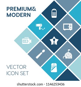 Modern, simple vector icon set on blue colorful background with spice, care, food, hairdryer, camera, oven, beauty, salon, blow, award, dryer, video, hair, call, communication, snow, mobile, ice icons