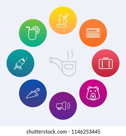 Modern, simple vector icon set on colorful circle backgrounds with summer, airport, bag, drink, alcohol, satellite, astronomy, party, classic, pipe, vintage, technology, science, nature, luggage icons