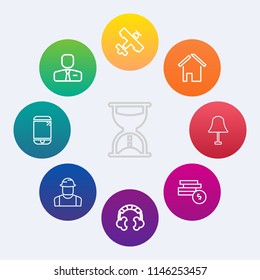 Modern, simple vector icon set on colorful circle backgrounds with business, mobile, construction, builder, person, flight, airplane, headset, touchscreen, money, sound, phone, engineer, music icons