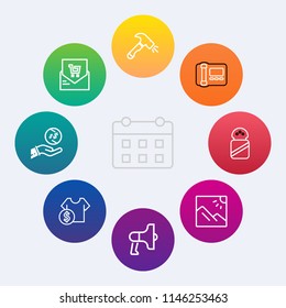 Modern, simple vector icon set on colorful circle backgrounds with loud, bill, sale, price, white, check, stationary, supermarket, cost, office, investment, construction, landscape, list icons