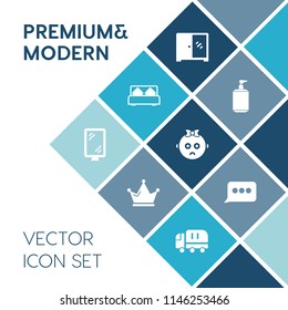 Modern, simple vector icon set on blue colorful background with royal, banner, message, wood, white, baby, storage, hotel, luxury, crown, bedroom, chat, car, child, cabinet, sign, furniture, kid icons