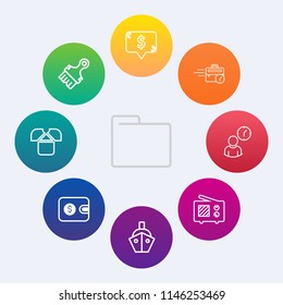 Modern, simple vector icon set on colorful circle backgrounds with blank, square, price, object, work, paint, texture, sitting, boat, vessel, purse, sea, shape, sale, ship, business, radio, late icons