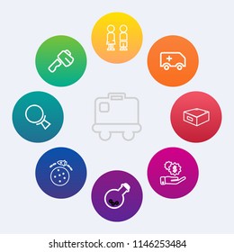 Modern, simple vector icon set on colorful circle backgrounds with ambulance, baggage, bag, tool, technology, axe, space, standing, find, construction, rescue, search, medicine, repair, luggage icons