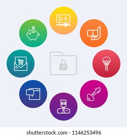 Modern, simple vector icon set on colorful circle backgrounds with button, vintage, finance, account, mask, receipt, document, retail, parachuting, extreme, protection, bill, sea, snorkel, web icons