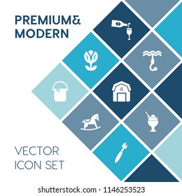 Modern, simple vector icon set on blue colorful background with beverage, ice, wine, metal, sweet, horse, equipment, natural, cute, farming, cream, painter, child, paint, wood, bottle, spring icons