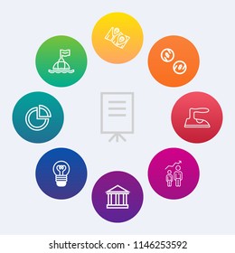 Modern, simple vector icon set on colorful circle backgrounds with sky, road, travel, finance, development, location, graph, pie, greece, personal, people, water, ironing, meeting, group, iron icons