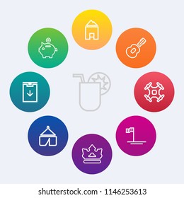 Modern, simple vector icon set on colorful circle backgrounds with white, king, drink, queen, blue, drone, sign, crown, music, camp, aerial, investment, home, ocean, cocktail, control, bank, ice icons