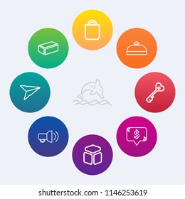 Modern, simple vector icon set on colorful circle backgrounds with brick, jump, luggage, tourism, blue, frame, female, surprise, dolphin, cube, message, key, wild, construction, block, wildlife icons