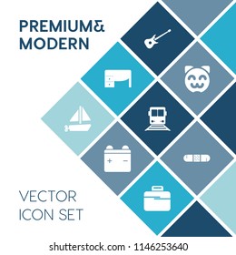 Modern, simple vector icon set on blue colorful background with musical, summer, white, desk, charge, work, kitten, top, cute, table, kitty, battery, office, girl, space, medicine, toy, full icons