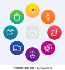 Modern, simple vector icon set on colorful circle backgrounds with holiday, search, document, target, interior, device, file, magnifying, concept, celebration, targeting, air, technology, find icons
