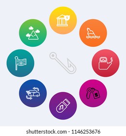 Modern, simple vector icon set on colorful circle backgrounds with house, car, finance, equipment, fishing, landscape, national, delivery, sky, storage, white, bait, key, nature, fast, hook, rod icons
