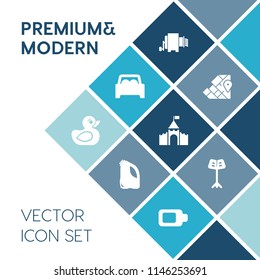 Modern, simple vector icon set on blue colorful background with bath, building, animal, world, global, automotive, battery, toy, energy, car, concert, travel, duck, europe, duckling, container icons