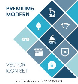 Modern, simple vector icon set on blue colorful background with laboratory, parachute, sport, sweet, timetable, board, strawberry, telephone, dessert, biology, time, white, sky, communication icons