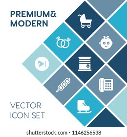 Modern, simple vector icon set on blue colorful background with buggy, kid, family, ring, curtain, meat, woman, cold, play, boy, communication, carriage, baby, romance, wheel, window, love, gift icons