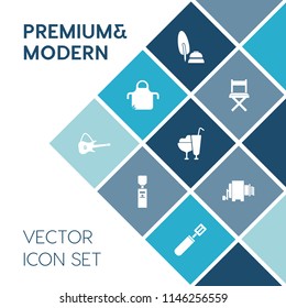 Modern, simple vector icon set on blue colorful background with car, cream, apron, paper, food, clothing, pen, white, chair, black, water, uniform, sweet, musical, purified, ink, liquid, kitchen icons