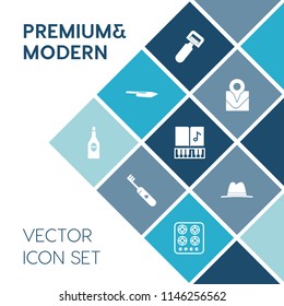 Modern, simple vector icon set on blue colorful background with wineglass, peel, sound, gas, kitchen, oven, glass, note, map, place, musical, alcohol, bottle, restaurant, sign, toothbrush, cook icons