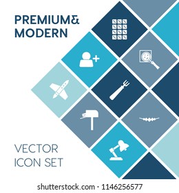 Modern, simple vector icon set on blue colorful background with mail, social, post, magnification, correspondence, brown, user, dinner, rocket, spaceship, dessert, magnifying, table, sign, white icons