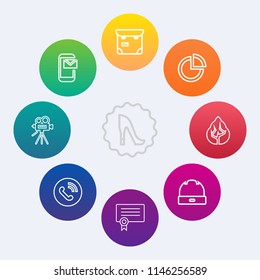 Modern, simple vector icon set on colorful circle backgrounds with hat, passport, template, movie, pie, environment, boots, ring, nature, forest, heel, retro, phone, diploma, email, landscape icons