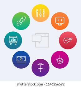 Modern, simple vector icon set on colorful circle backgrounds with bar, steel, template, chart, message, sign, infographic, bubble, sword, antique, table, weapon, computer, speech, money, cafe icons