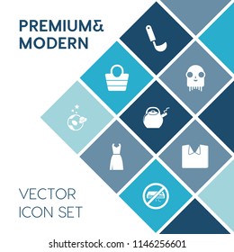 Modern, simple vector icon set on blue colorful background with beauty, galaxy, space, background, planet, monster, style, kitchen, alien, utensil, clothes, new, extraterrestrial, dinner, object icons