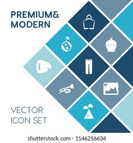 Modern, simple vector icon set on blue colorful background with clothing, pastry, landscape, sign, , electric, dessert, trousers, planet, mountain, food, space, guitar, blue, global, delicious icons