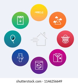 Modern, simple vector icon set on colorful circle backgrounds with holiday, rent, hobby, fashion, bulb, switch, download, shipping, ball, landscape, house, tshirt, sport, light, real, blue, air icons