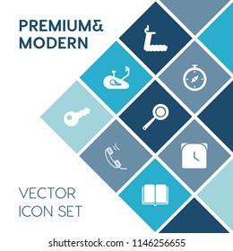 Modern, simple vector icon set on blue colorful background with cooking, education, house, mobile, kitchen, security, literature, south, time, sport, compass, internet, wheel, food, watch, map icons