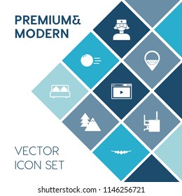 Modern, simple vector icon set on blue colorful background with wood, table, pin, game, job, person, bowling, medicine, office, furniture, web, jewelry, desk, hobby, doctor, media, bedroom, ball icons