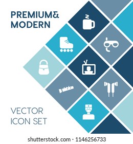 Modern, simple vector icon set on blue colorful background with cup, mask, fun, vacation, fashion, skating, shoe, harp, tea, female, music, scuba, sea, retro, leisure, musical, sound, pipe, tv icons