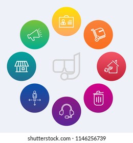 Modern, simple vector icon set on colorful circle backgrounds with person, estate, technology, audio, direction, can, mask, equipment, internet, trash, support, house, water, garbage, speaker icons
