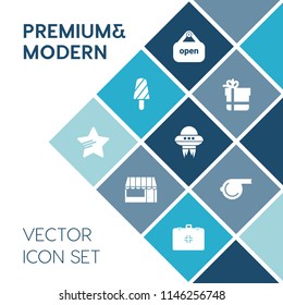 Modern, simple vector icon set on blue colorful background with star, object, stick, referee, medical, cold, supermarket, bow, technology, package, cart, spacecraft, emergency, ice, whistle, box icons