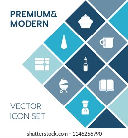 Modern, simple vector icon set on blue colorful background with tool, medicine, water, liquid, grill, restaurant, bakery, equipment, dessert, container, necktie, chocolate, ribbon, cake, gift icons