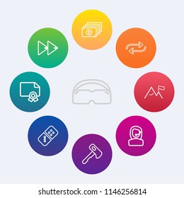Modern, simple vector icon set on colorful circle backgrounds with call, music, construction, glasses, element, screwdriver, button, center, media, money, sport, audio, diploma, currency, player icons