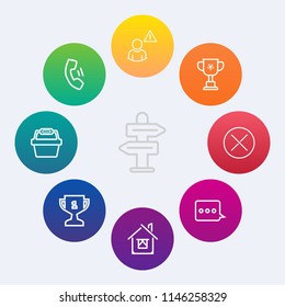 Modern, simple vector icon set on colorful circle backgrounds with message, street, internet, online, victory, web, architecture, winner, award, cellphone, estate, sign, sport, competition, cell icons