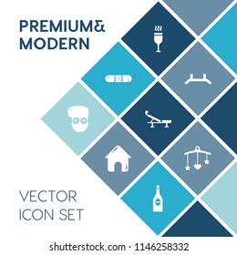 Modern, simple vector icon set on blue colorful background with wineglass, rollup, fashion, background, estate, health, mobile, home, stand, medicine, construction, up, hospital, pull, city, bed icons