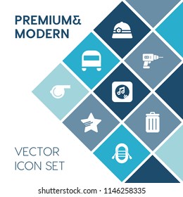 Modern, simple vector icon set on blue colorful background with boat, transport, repair, sailboat, game, bin, recycle, hat, electric, web, star, sign, machine, coach, ship, whistle, sport, hand icons