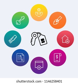 Modern, simple vector icon set on colorful circle backgrounds with screwdriver, travel, file, retro, security, antique, metal, investment, water, nautical, anchor, office, business, key, home icons