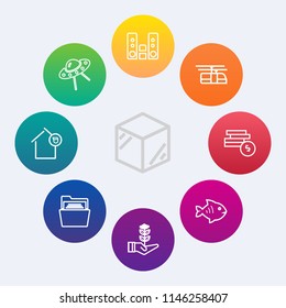Modern, simple vector icon set on colorful circle backgrounds with landlord, spaceship, file, cash, blue, folder, nature, fish, 3d, sound, train, sky, alien, transportation, packaging, seedling icons