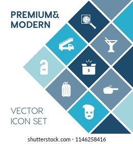 Modern, simple vector icon set on blue colorful background with box, pack, bag, food, transportation, privacy, dish, hipster, cardboard, glass, pot, ice, luggage, meal, find, retro, summer, zoom icons