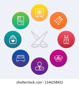 Modern, simple vector icon set on colorful circle backgrounds with leather, bedroom, fashion, scene, business, employer, furniture, light, hat, clothing, captain, security, background, style, id icons