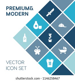 Modern, simple vector icon set on blue colorful background with drink, restaurant, hat, food, bottle, table, style, fashion, plant, cuisine, japanese, baseball, insect, kitchen, seafood, metal icons