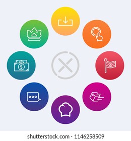 Modern, simple vector icon set on colorful circle backgrounds with uniform, chef, web, message, cook, pointer, shipping, no, warning, chief, luxury, press, finger, royal, money, website, cash icons