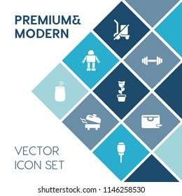 Modern, simple vector icon set on blue colorful background with bag, light, fitness, electric, city, street, gym, packaging, scale, pot, home, household, lamp, shipping, water, sound, boiler,  icons