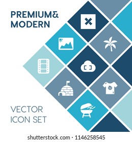 Modern, simple vector icon set on blue colorful background with natural, tropical, plant, igloo, ice, barbecue, cooking, cloud, summer, picture, meat, leaf, winter, frame, closed, paper, house icons