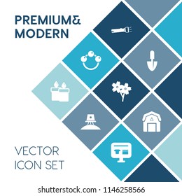 Modern, simple vector icon set on blue colorful background with candle, spaceship, cart, energy, flower, tool, farming, science, blossom, shake, toy, baby, construction, spring, fire, barn, sale icons