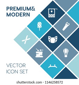 Modern, simple vector icon set on blue colorful background with gardening, instrument, up, snack, cold, antique, infant, rural, balloon, tool, garden, sound, food, work, summer, transport, stone icons