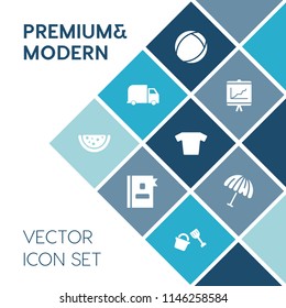 Modern, simple vector icon set on blue colorful background with truck, transport, address, information, report, food, watermelon, bucket, parasol, graph, delivery, book, vegetarian, directory icons